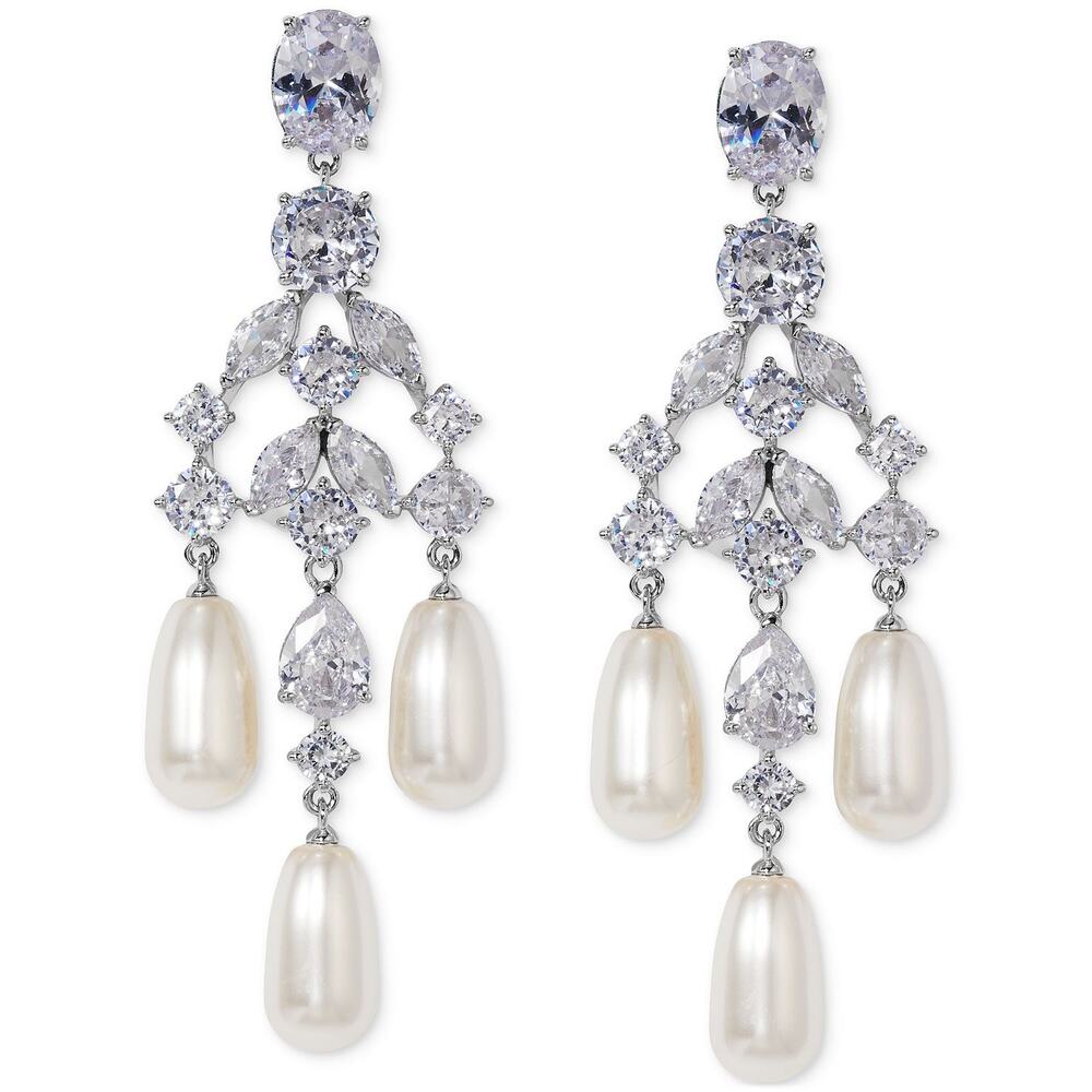 ELIOT DANORI Silver-Tone Cubic Zirconia Imitation Pearl Chandelier Earrings NEW